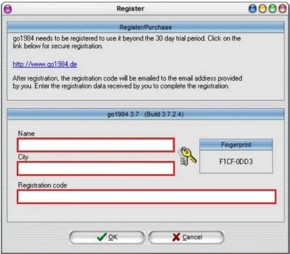 Register Register/Purchase go1984 needs to be registered to use it beyond the 30 day trial period. Click on the link below for secure registration. http://www.go1984.de After registration, the registration code will be emailed to the email address provided by you. Enter the registration data received by you to complete the registration. go1984 3.7 (Build 3.7.2.4) Name City Fingerprint F1CF-0DD3 Registration code OK Cancel