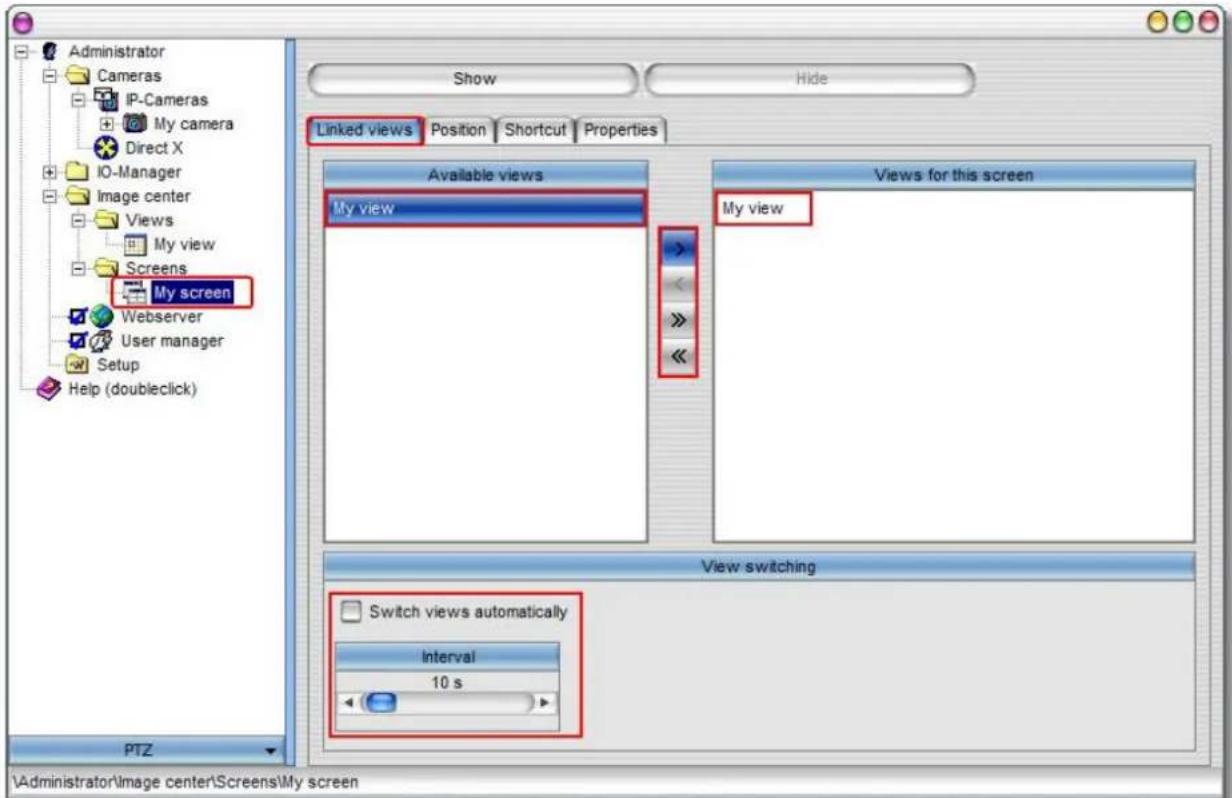 Administrator Cameras IP-Cameras My camera Direct X IO-Manager Image center Views My view Screens My screen Webserver User manager Setup Help (doubleclick) PTZ Show Hide Linked views Position Shortcut Properties Available views My view Views for this screen My view View switching Switch views automatically Interval 10 s