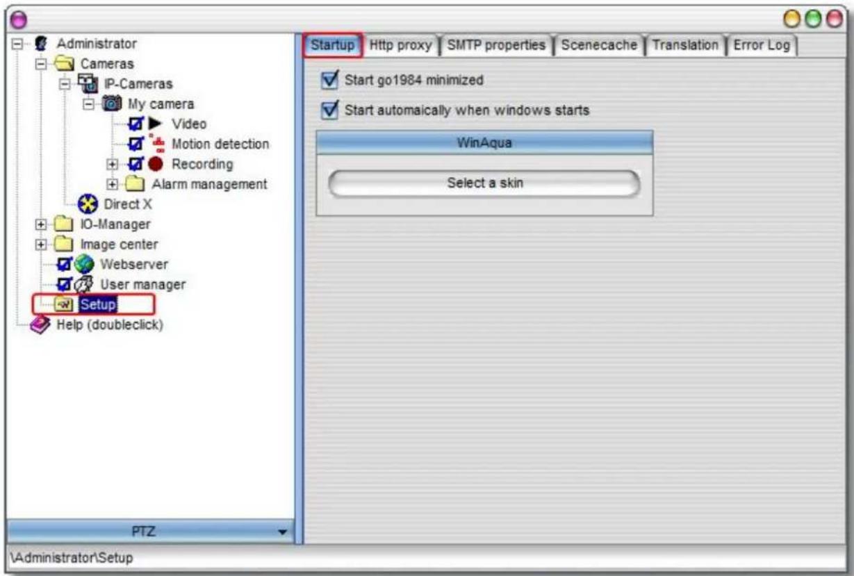 Administrator Cameras IP-Cameras My camera Video Motion detection Recording Alarm management Direct X IO-Manager Image center Webserver User manager Setup Help (doubleclick) PTZ \Administrator\Setup Startup Http proxy SMTP properties Scenecache Translation Error Log Start go1984 minimized Start automatically when windows starts WinAqua Select a skin