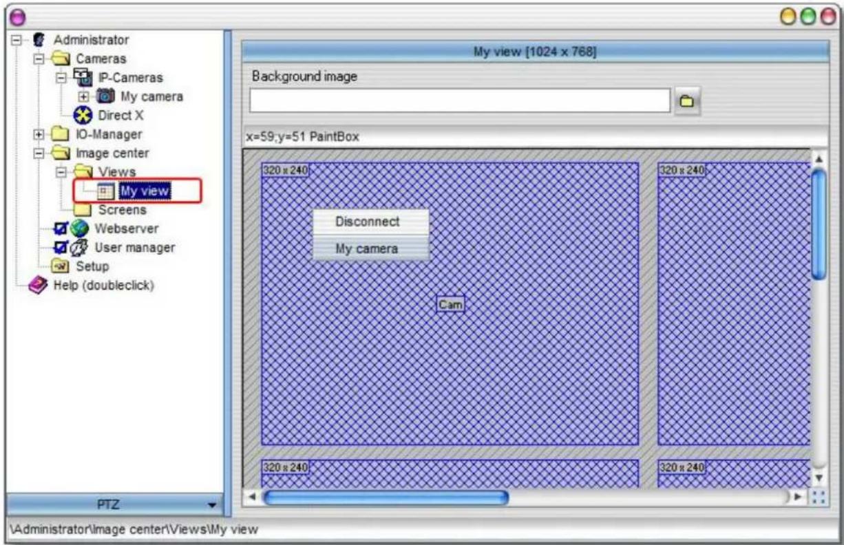 Administrator Cameras IP-Cameras My camera Direct X IO-Manager Image center Views My view Screens Webserver User manager Setup Help (doubleclick) PTZ My view [1024 x 768] Background image x=59,y=51 PaintBox 320 x 240 Disconnect My camera Cam 320 x 240 320 x 240 320 x 240 Administrator\image center\Views\My view