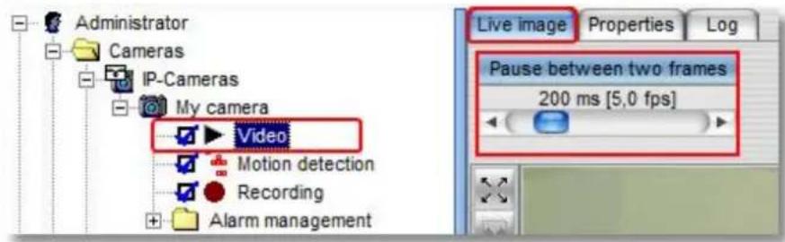 Administrator Cameras IP-Cameras My camera Video Motion detection Recording Alarm management Live image Properties Log Pause between two frames 200 ms [5,0 fps]