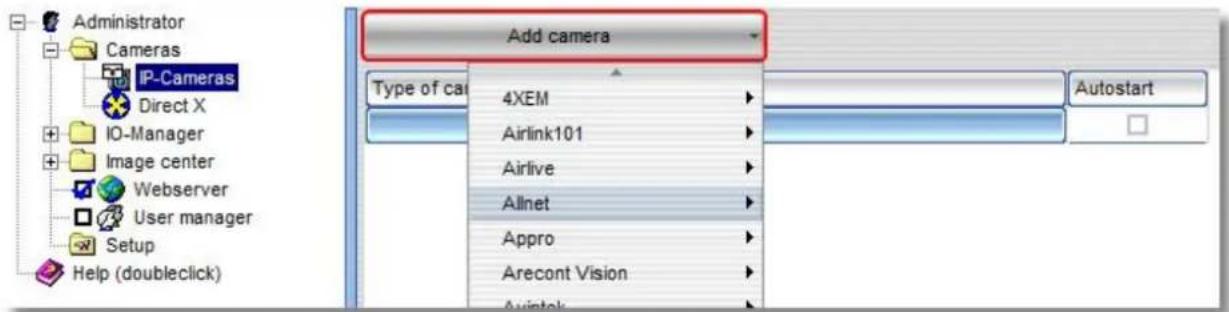 Administrator Cameras IP-Cameras Direct X IO-Manager Image center Webserver User manager Setup Help (doubleclick) Add camera Type of cat 4XEM Airlink101 Airlive Allnet Appro Arecont Vision Autostart
