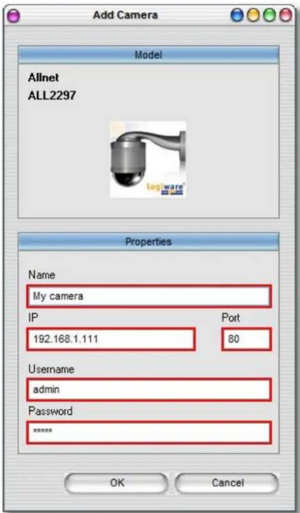 Add Camera Model Allnet ALL2297 logiware® Properties Name My camera IP Port 192.168.1.111 80 Username admin Password **** OK Cancel
