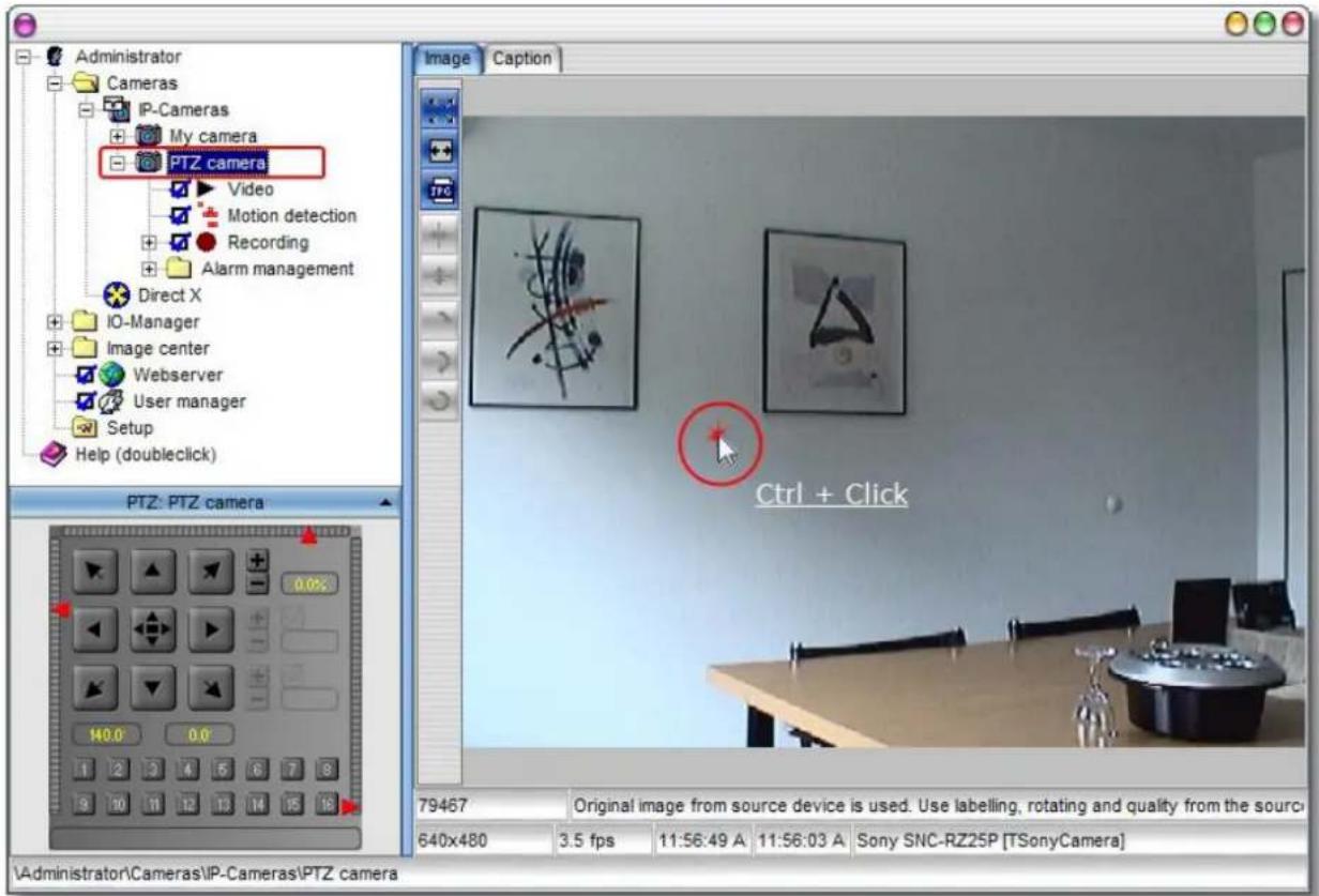 Administrator Cameras IP-Cameras My camera PTZ camera Video Motion detection Recording Alarm management Direct X IO-Manager Image center Webserver User manager Setup Help (doubleclick) PTZ: PTZ camera 0.0% 140.0 0.0 79467 Original image from source device is used. Use labelling, rotating and quality from the source 640x480 3.5 fps 11:56:49 A 11:56:03 A Sony SNC-RZ25P [TSonyCamera] \Administrator\Cameras\IP-Cameras\PTZ camera