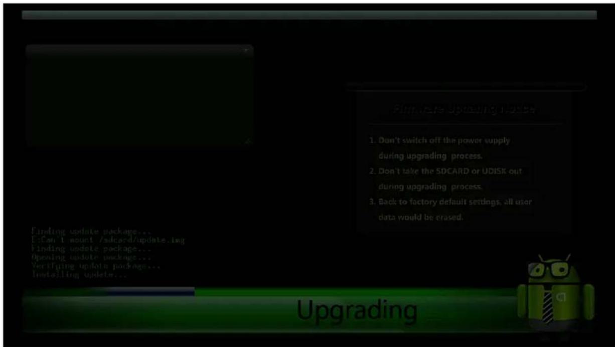 1. Don't switch off the power supply during upgrading process. 2. Don't take the SDCARD or UDISK out during upgrading process. 3. Back to factory default settings, all user data would be erased.