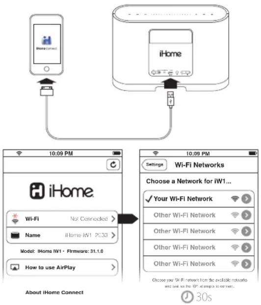 iHome 10:09 PM 10:09 PM Settings Wi-Fi Networks Choose a Network for iW1... ✓ Your Wi-Fi Network Other Wi-Fi Network Other Wi-Fi Network Other Wi-Fi Network Other Wi-Fi Network Choose your Wi-Fi network from the available networks and wait to the iW1 switch is connected. About iHome Connect 30s