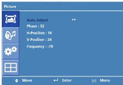 Picture Auto Adjust Phase : 52 H-Position : 16 V-Position : 24 Frequency : -78 Move Enter Menu