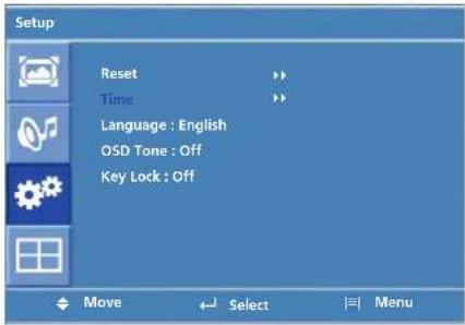 Setup Reset Time Language : English OSD Tone : Off Key Lock : Off Move Select Menu