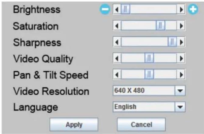 Brightness Saturation Sharpness Video Quality Pan & Tilt Speed Video Resolution Language 640 X 480 English Apply Cancel