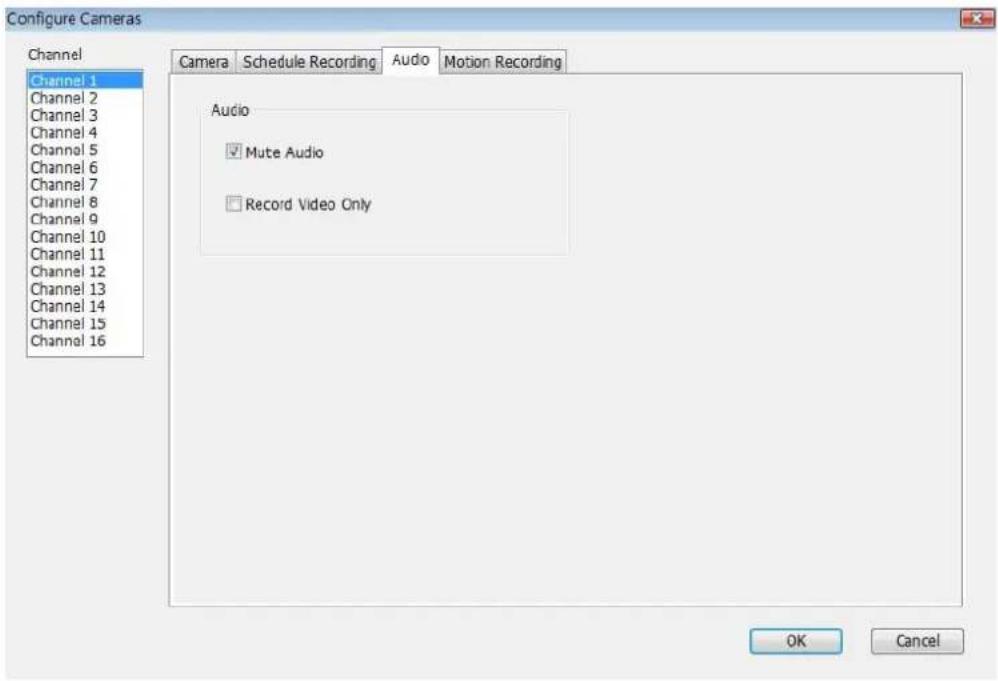 Configure Cameras Channel Channel 1 Channel 2 Channel 3 Channel 4 Channel 5 Channel 6 Channel 7 Channel 8 Channel 9 Channel 10 Channel 11 Channel 12 Channel 13 Channel 14 Channel 15 Channel 16 Camera Schedule Recording Audio Motion Recording Audio ✓ Mute Audio □ Record Video Only OK Cancel