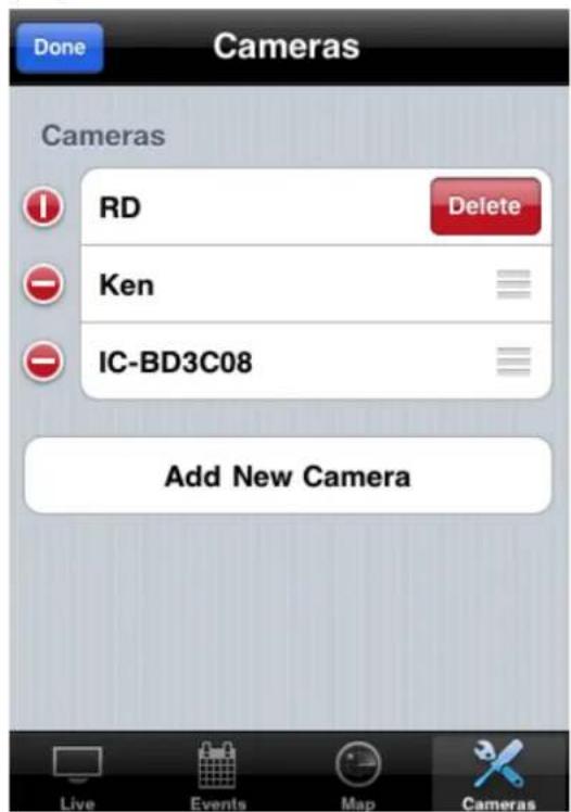Done Cameras Cameras RD Delete Ken IC-BD3C08 Add New Camera Live Events Map Cameras