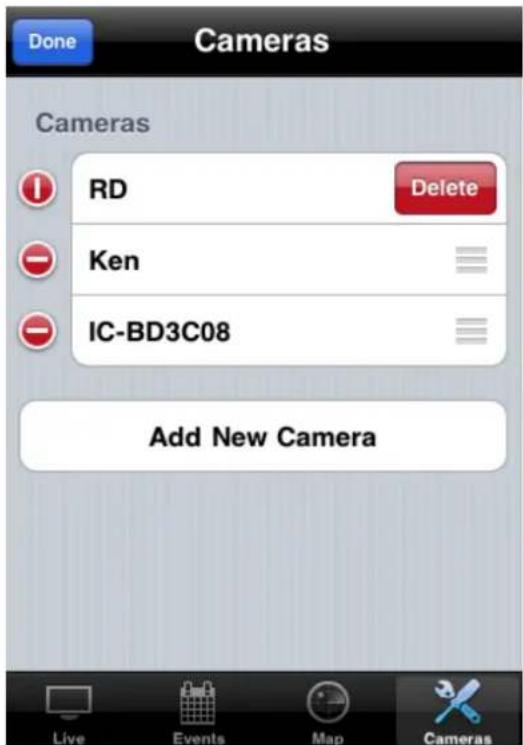 Done Cameras Cameras RD Delete Ken IC-BD3C08 Add New Camera Live Events Map Cameras
