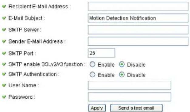 Recipient E-Mail Address : E-Mail Subject : Motion Detection Notification SMTP Server : Sender E-Mail Address : SMTP Port : 25 SMTP enable SSLv2N3 function : Enable Disable SMTP Authentication : Enable Disable User Name : Password : Apply Send a test email