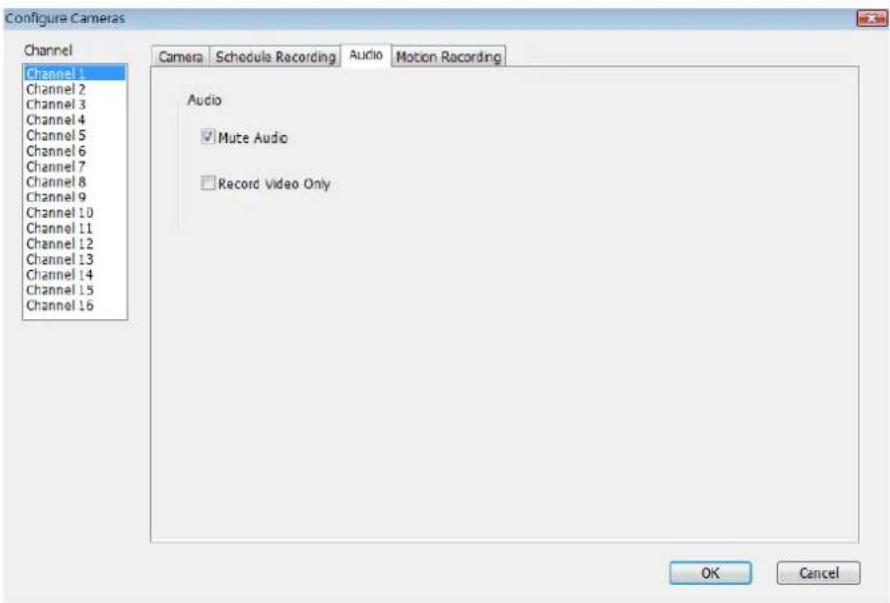 Configure Cameras Channel Channel 1 Channel 2 Channel 3 Channel 4 Channel 5 Channel 6 Channel 7 Channel 8 Channel 9 Channel 10 Channel 11 Channel 12 Channel 13 Channel 14 Channel 15 Channel 16 Camera Schedule Recording Audio Motion Recording Audio Mute Audio Record Video Only OK Cancel