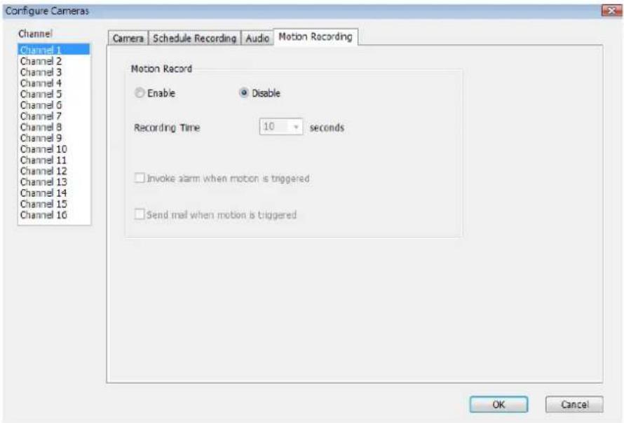 Configure Cameras Channel Channel 1 Channel 2 Channel 3 Channel 4 Channel 5 Channel 6 Channel 7 Channel 8 Channel 9 Channel 10 Channel 11 Channel 12 Channel 13 Channel 14 Channel 15 Channel 16 Camera Schedule Recording Audio Motion Recording Motion Record Enable Disable Recording Time 10 seconds Invoke alarm when motion is triggered Send mail when motion is triggered OK Cancel