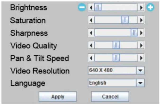 Brightness Saturation Sharpness Video Quality Pan & Tilt Speed Video Resolution Language 640 X 480 English Apply Cancel
