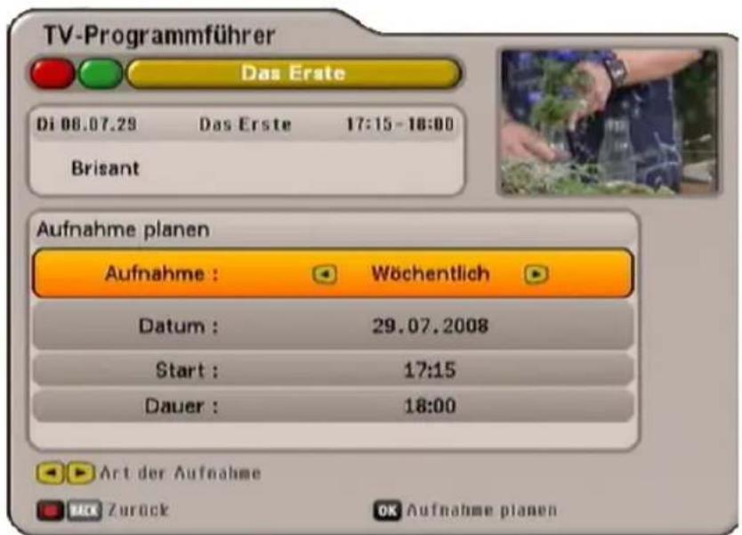 TV-Programmführer Das Erste Di 08.07.29 Das Erste 17:15 - 18:00 Brisant Aufnahme planen Aufnahme : Wöchentlich Datum : 29.07.2008 Start : 17:15 Dauer : 18:00 Art der Aufnahme Zurück OK Aufnahme planen