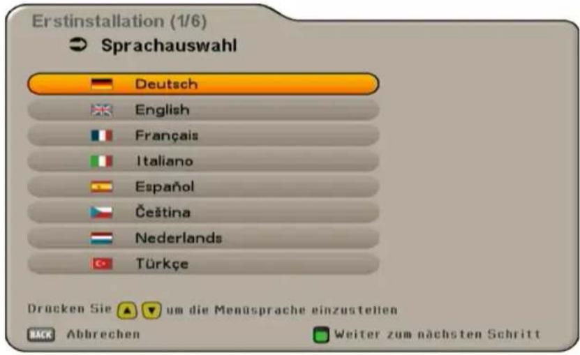 Erstinstallation (1/6) Sprachauswahl Deutsch English Français Italiano Español Čeština Nederlands Türkçe Drücken Sie um die Menüsprache einzustellen BACK Abbrechen Weiter zum nächsten Schritt