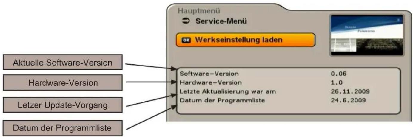 Hauptmenü Service-Menu Werkseinstellung laden Aktuelle Software-Version Hardware-Version Letzer Update-Vorgang Datum der Programmliste Software-Version 0.06 Hardware-Version 1.0 Letzte Aktualisierung war am 26.11.2009 Datum der Programmliste 24.6.2009