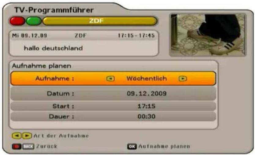 TV-Programmführer ZDF Mi 09.12.09 ZDF 17:15 - 17:45 hallo deutschland Aufnahme planen Aufnahme : Wöchentlich Datum : 09.12.2009 Start : 17:15 Dauer : 00:30 Art der Aufnahme Back Zurück OK Aufnahme planen
