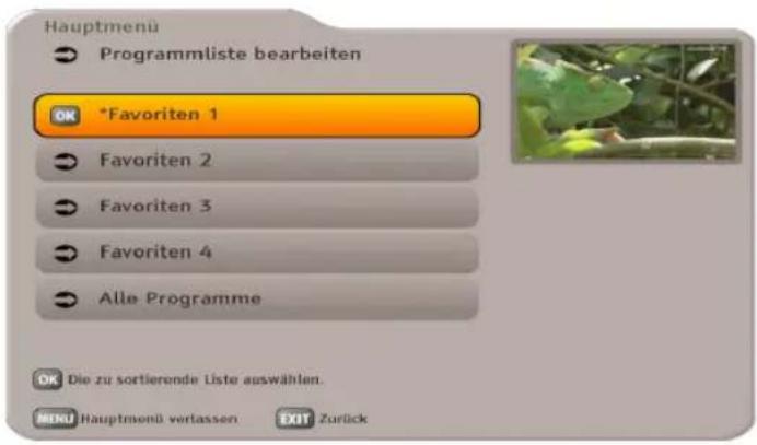 Hauptmenü Programmliste bearbeiten * Favoriten 1 - Favoriten 2 - Favoriten 3 - Favoriten 4 Alle Programme OK Die zu sortierende Liste auswählen. MENU Hauptmenü verlassen EXIT Zurück