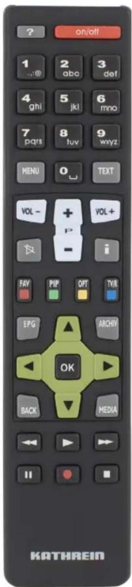 an/off 1 2 3 .,@ abc def 4 5 6 ghi jkl mno 7 8 9 pqrs tuv wxyz MENU 0 TEXT VOL - + + P VOL + i FAY PIP QFT TVR EPG ARCHIV OK BACK MEDIA KATHREIN