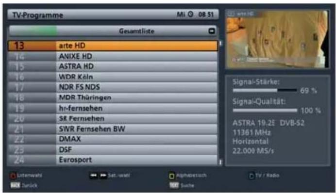 TV-Programme Mi 08 51 Gesamtliste 13 arte HD 14 ANIXE HD 15 ASTRA HD 16 WDR Köln 17 NDR FS NDS 18 MDR Thüringen 19 ho-fernsehen 20 SR Fernsehen 21 SWR Fernsehen BW 22 DMAX 23 DSF 24 Eurosport Signal-Stärke: 69 % Signal-Qualität: 100 % ASTRA 19.2E DVB-52 11361 MHz Horizontal 22.000 MS/s Listenwahr Set-wall Alphabetisch Suache TV / Radio