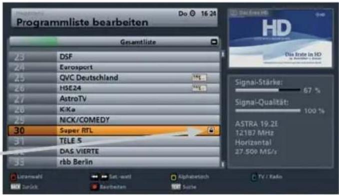 Programmliste bearbeiten Do 16.24 Gesamtliste 23 DSF 24 Eurosport 25 QVC Deutschland 26 HSE24 27 AstroTV 28 Kikka 29 NICK/COMEDY 30 Super RTL 31 TÉLE S 32 DAS VIERTE 33 räb Berlin Umsatzahl Satz-walt Beartem Alphabetisch Surche Signal-Stärker: 67 % Signal-Qualität: 100 % ASTRA 19.2E 12187 MHz Horizontal 27.500 MG/s TV / Ratio