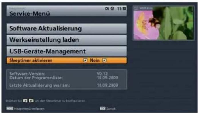 Servike-Menu Di 11:10 Software Aktualisierung Werkseinstellung laden USB-Geräte-Management Sleeptimer aktivieren Nein Software-Version: V0.12 Datum der Programmliste: 10.09.2009 Letzte Aktualisierung war am: 10.09.2009 Drücken Sie um den Sleeptimer zu konfigulieren Hauptmenü verlassen Zurich