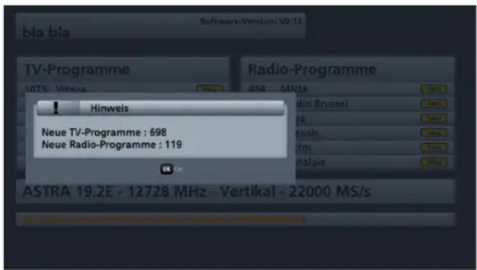 Software-Version: V0.12 bia bla TV-Programme 1075 Vittava Hinweis Radio-Programme 450 MNM Radio Brussel fa music fm italgie ASTRA 19.2E - 12728 MHz - Vertikal - 22000 MS/s