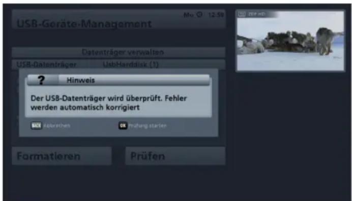 USB-Geräte-Management Datenträger verwalten USB-Datenträger UsbHarddisk (1) ? Hinweis Der USB-Datenträger wird überprüft. Fehler werden automatisch korrigiert MCK Sübrachen OK Prüfen Formatieren Prüfen