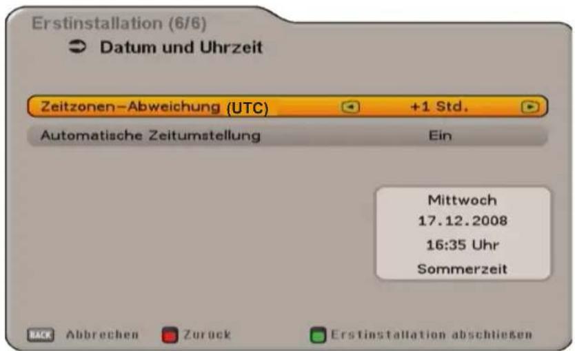 Erstinstallation (6/6) Datum und Uhrzeit Zeitzonen-Abweichung (UTC) +1 Std. Automatische Zeitumstellung Ein Mittwoch 17.12.2008 16:35 Uhr Sommerzeit BACK Abbrechen Zurück Erstinstallation abschließen