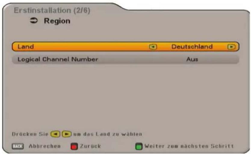 Erstinstallation (2/6) Region Land Deutschland Logical Channel Number Aus Drücken Sie um das Land zu wählen BACK Abbrechen Zurück Weiter zum nächsten Schritt