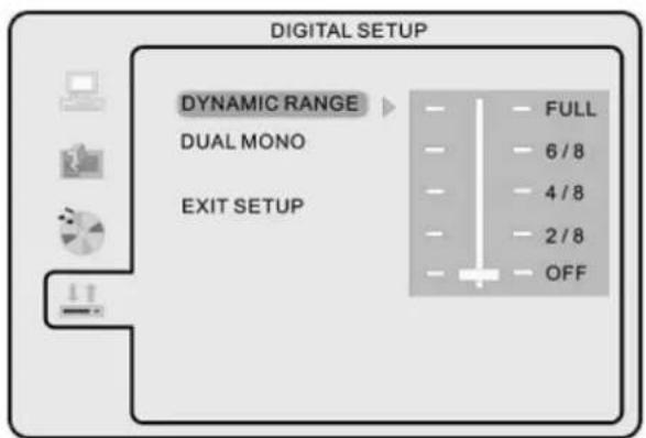 DIGITAL SETUP DYNAMIC RANGE FULL DUAL MONO 6/8 4/8 2/8 EXIT SETUP OFF