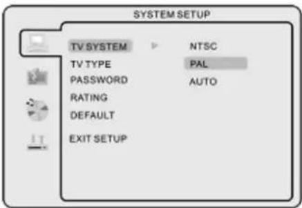 SYSTEM SETUP TV SYSTEM NTSC TV TYPE PAL PASSWORD AUTO RATING DEFAULT EXIT SETUP
