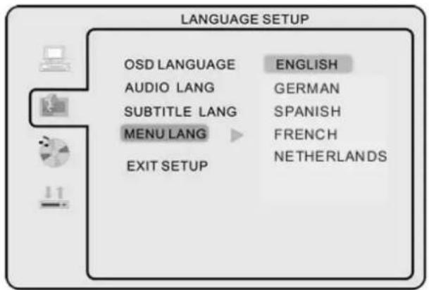 LANGUAGE SETUP OSD LANGUAGE ENGLISH AUDIO LANG GERMAN SUBTITLE LANG SPANISH MENU LANG FRENCH EXIT SETUP NETHERLANDS