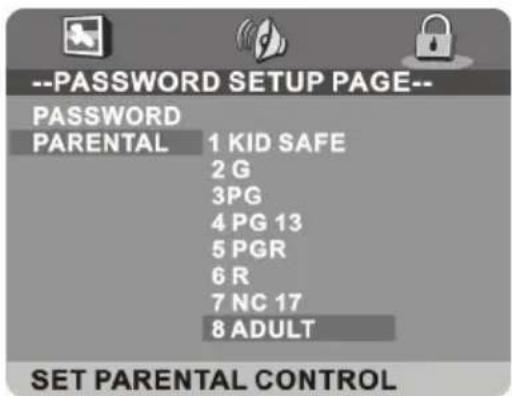 --PASSWORD SETUP PAGE-- PASSWORD PARENTAL 1 KID SAFE 2 G 3PG 4 PG 13 5 PGR 6 R 7 NC 17 8 ADULT SET PARENTAL CONTROL