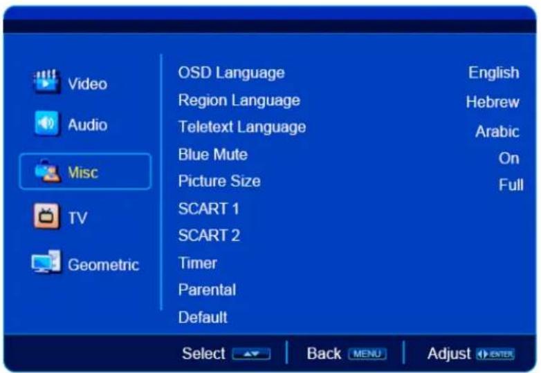 Video Audio Misc TV Geometric OSD Language Region Language Teletext Language Blue Mute Picture Size SCART 1 SCART 2 Timer Parental Default English Hebrew Arabic On Full Select Back MENU Adjust ENTER