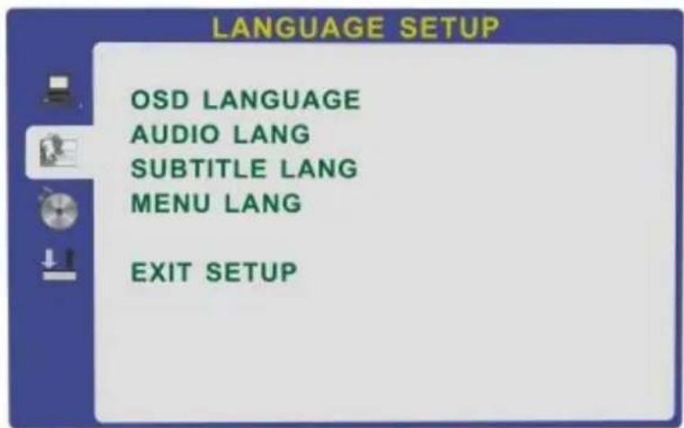 LANGUAGE SETUP OSD LANGUAGE AUDIO LANG SUBTITLE LANG MENU LANG EXIT SETUP