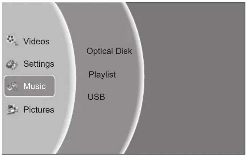 Videos Settings Music Pictures Optical Disk Playlist USB