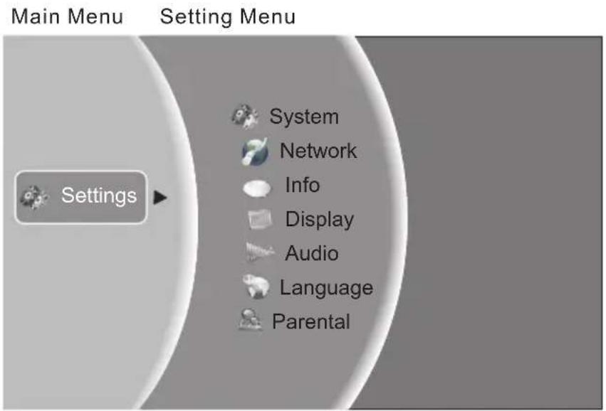 Main Menu Setting Menu Settings System Network Info Display Audio Language Parental