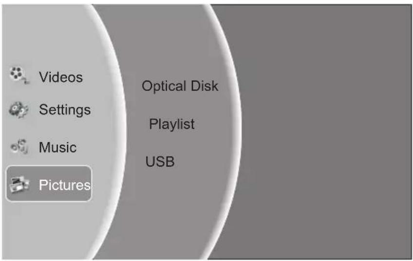 Videos Settings Music Pictures Optical Disk Playlist USB