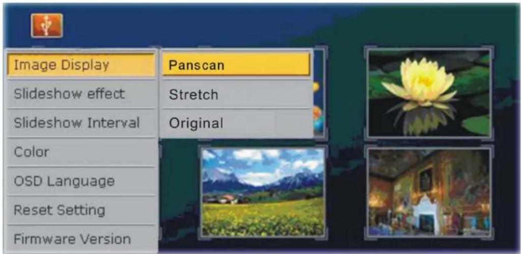 Image Display Panscan Slideshow effect Stretch Slideshow Interval Original Color OSD Language Reset Setting Firmware Version