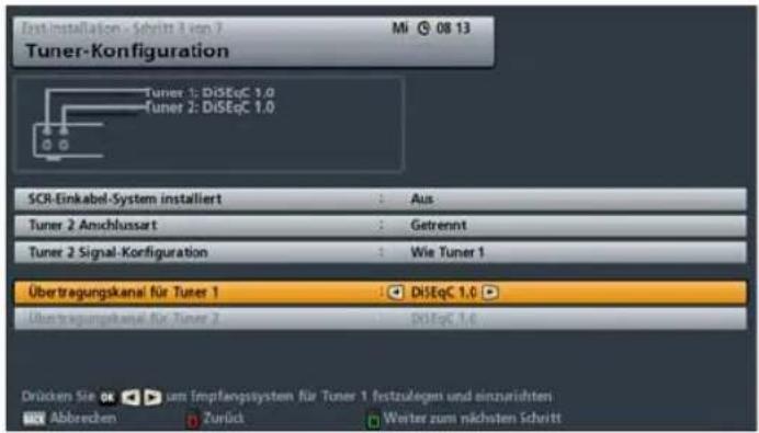 Inst installation - Schritt 3 van 7 Mi 08 13 Tuner-Konfiguration Tuner 1: DiSEqC 1.0 Tuner 2: DiSEqC 1.0 SCR-Einkabel-System installiert : Aus Tuner 2 Anschlussart : Getrennt Tuner 2 Signal-Konfiguration : Wie Tuner 1 Übertragungskanal für Tuner 1 : DiSEqC 1.0 Übertragungskanal für Tuner 2 : DiSEqC 1.0 Drücken Sie 06 um Emplanungsystem für Tuner 1 festzulegen und einzurichten Abbrevien Zurück Werten zum nächsten Schritt