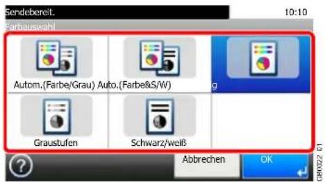 Sendebereil. Farbauswahl Autom.(Farbe/Grau) Auto.(Farbe&S/W) Graustufen Schwarz/weiß Abbrechen OK