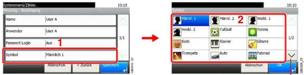 Systemmenu/Zähler. Hinzufug - Bestätigung Name User A Anwender User A Password Login Aus 1 Symbol Männlich 1 Abbrechen < Zurück Speichern Symbol Männl. 1 Männl. 2 Weibl. 1 Weibl. 2 Fußball Tennis Korb Klavier Gitarre Trompete Auto Fahrrad Abbrechen OK
