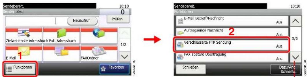 Sendebereit. 10:10 Senden Ziel: Neuaufruf Prüfen Zielwahltaste Adressbuch Ext. Adressbuch 1/2 E-Mail FAXOrdner Funktionen Favorite Sendebereit. 10:10 Funktionen E-Mail Betreff/Nachricht Aus Auftragsende Nachricht Aus 5/6 Verschlüsselte FTP Sendung Aus FAX spätere Übertragung Aus Schließen Dazu/And. Schnelly