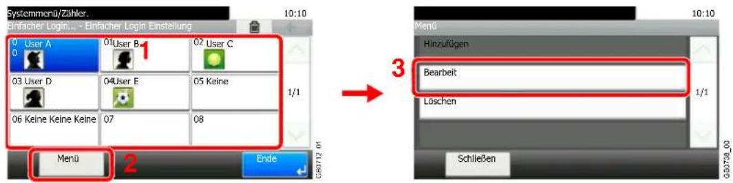 Systemmenu/Zähler Einfacher Login... - Einfacher Login Einstellung 0 User A 01User B 02 User C 03 User D 04User E 05 Keine 06 Keine Keine Keine 07 08 1/1 Menu 2 Ende 3 Hinzufügen Bearbeit Löschen Schließen G90798.00