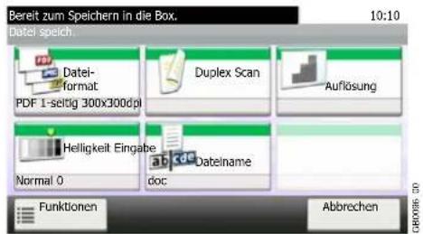 Bereit zum Speichern in die Box. 10:10 Datei speich Datei-format PDF 1-seitig 300x300dpi Duplex Scan Auflösung Helligkeit Eingabe Normal 0 doc Dateiname ab Abbrechen Funktionen