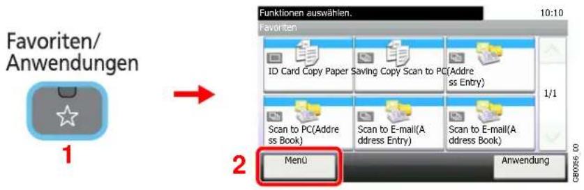 Favoriten/ Anwendungen 1 2 Funktionen auswählen. 10:10 Favoriten ID Card Copy Paper Saving Copy Scan to PC(Address ss Entry) Scan to PC(Address ss Book) Scan to E-mail(A adress Entry) Scan to E-mail(A adress Book) 1/1 Menu Anwendung GB0056 00